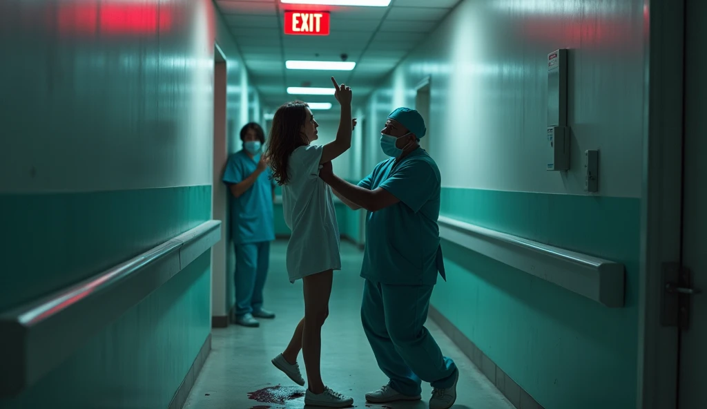 A heart-wrenching scene of a hospital corridor, dimly lit and eerily quiet, with a sense of foreboding hanging in the air. At the center, a young doctor in her hospital scrubs, her eyes filled with terror, is pinned against the cold, sterile wall by a burly civil volunteer, who is revealed to be one of the attackers. His face is a twisted mask of malice, hidden partially by a surgical mask, leaving only his wild, unblinking eyes visible. His hand is clamped over her mouth to muffle her desperate cries for help. Two other shadowy figures, also wearing civilian clothes and medical gear, lurk in the background, hinting at their complicity in the heinous act. The girl doctor's stethoscope has been torn from her neck and lies discarded on the floor, symbolizing the violation of her trust and the sacred oath she swore to her patients. The pristine white of the corridor is starkly contrasted with the dark stains of blood seeping from her torn scrubs, a grim reminder of the brutality that has unfolded. The image is framed by the emergency exit sign, casting a red glow that highlights the stark reality of the situation. Despite the horror, the doctor's fingers are clenched around a medical chart, a testament to her unwavering dedication to her duty, even in the face of imminent danger. The scene is devoid of any signs of immediate rescue, creating a powerful narrative of vulnerability and the tragic misuse of power. This poignant depiction underscores the urgent need for safety and justice within the very institutions that are meant to heal and protect.