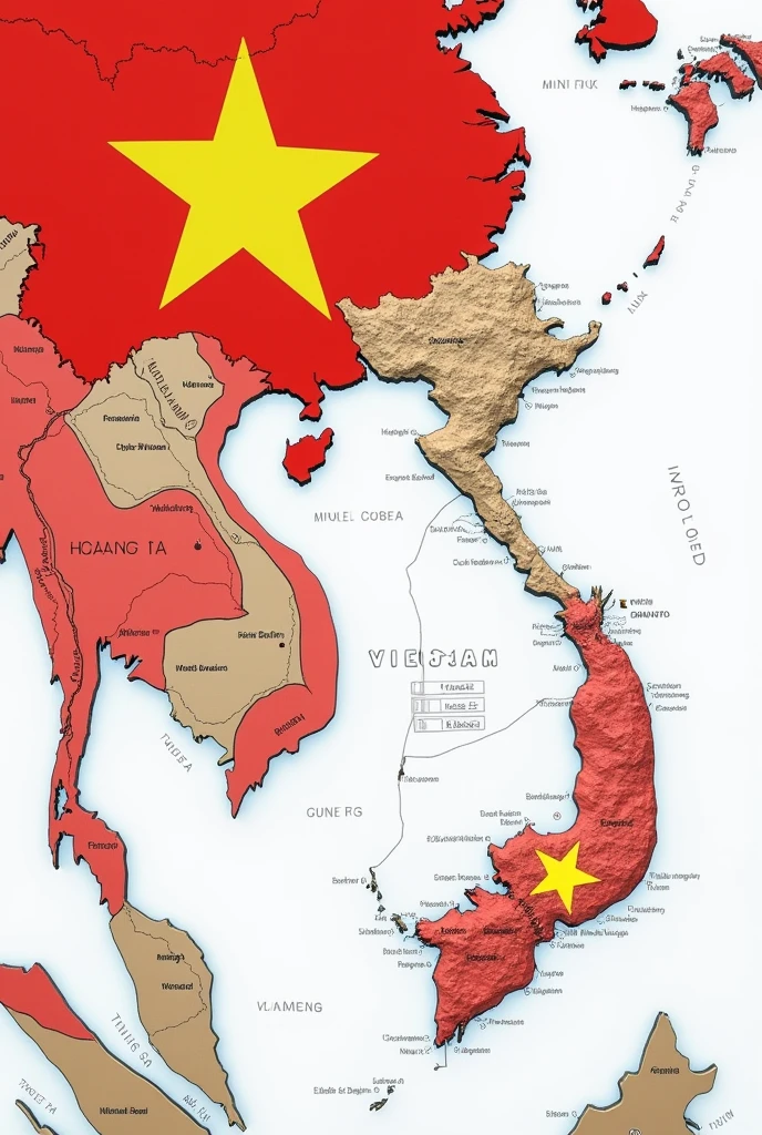 Image of Vietnam map, only Vietnam in the picture, no other countries, including the entire territory of Phu Quoc, Hoang Sa, Truong Sa islands, Vietnamese national flag image in the background, white outer background, 4k.