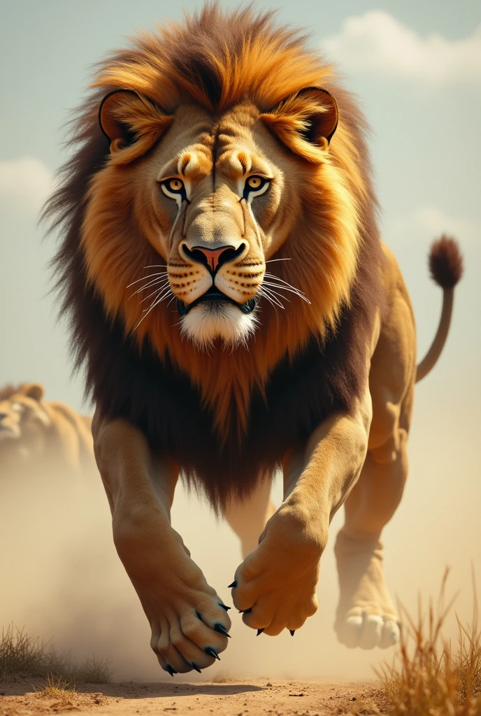 A majestic but slightly exhausted lion, mid-run, showing signs of fatigue. The lion should be large, muscular, and imposing with a golden-brown mane. Its expression should convey determination but also a hint of surprise as it realizes it’s losing the race.