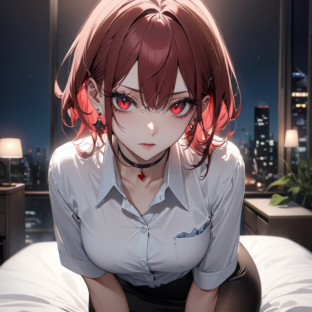 Highest quality, wonderful_delicate, wonderful delicate eyes, Super detailed, beautiful, 8k , One girl, Red eyes, evil, Facial Contour, Business shirts, skirt, Earrings, choker, black tights, Nod, night