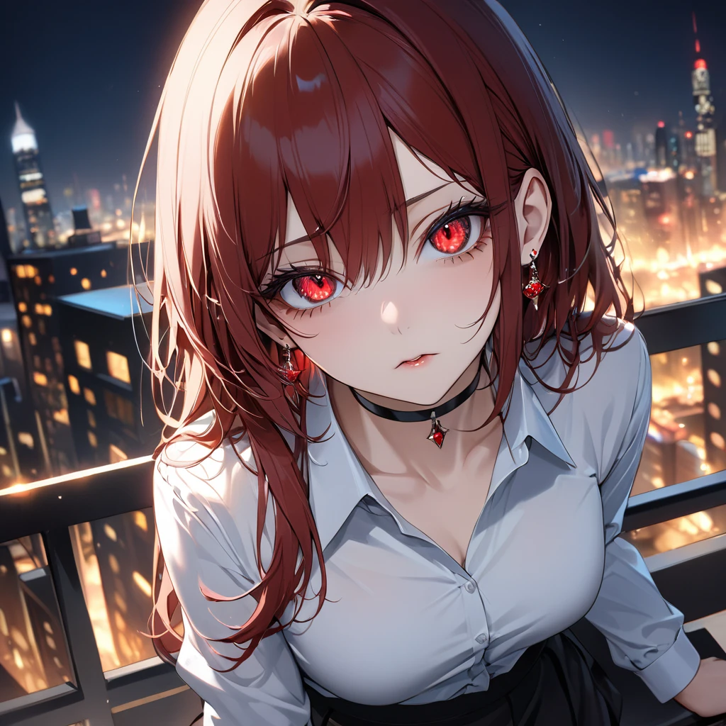 Highest quality, wonderful_delicate, wonderful delicate eyes, Super detailed, beautiful, 8k , One girl, Red eyes, evil, Facial Contour, Business shirts, skirt, Earrings, choker, black tights, Nod, night