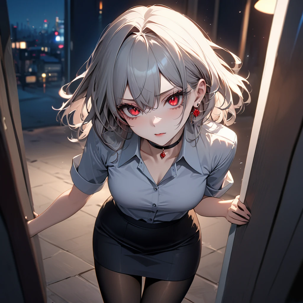Highest quality, wonderful_delicate, wonderful delicate eyes, Super detailed, beautiful, 8k , One girl, Red eyes, evil, Facial Contour, Business shirts, skirt, Earrings, choker, black tights, Nod, night