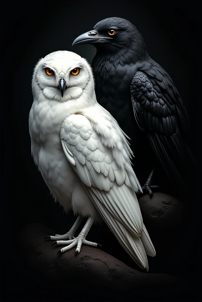Tattoo where there is a white owl looking forward and behind it is a black crow, opaque black background