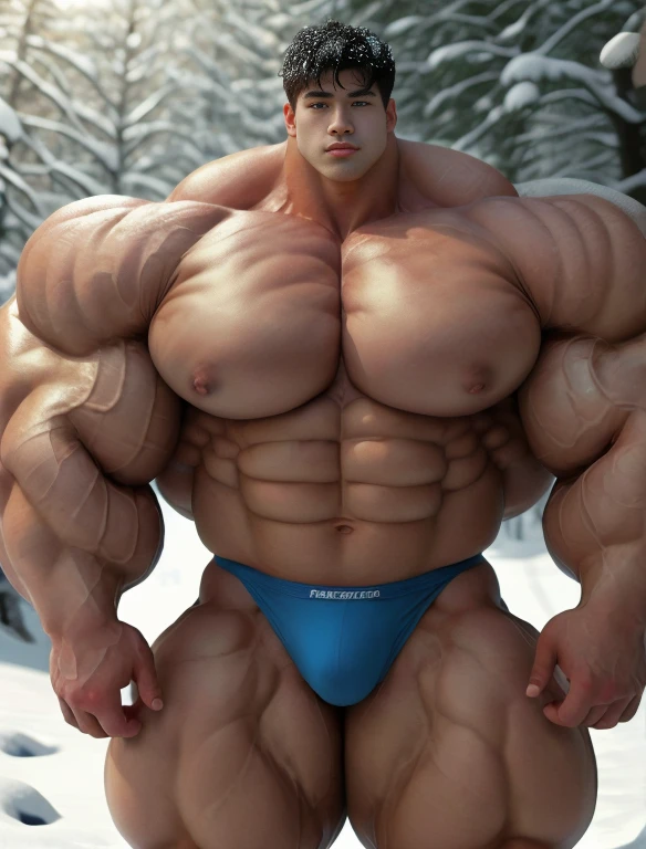 1boy, giant, asian, solo, giant bodybuilder, golden hour, strong body, bulk, large size, standing before snow hill, outdoor, nude, blue triangular underwear with enormous bulge, extraordinary big, brutalmass, giant muscular body, bulk, buff, massive body, large meaty body size, extremely wide body, tallest body