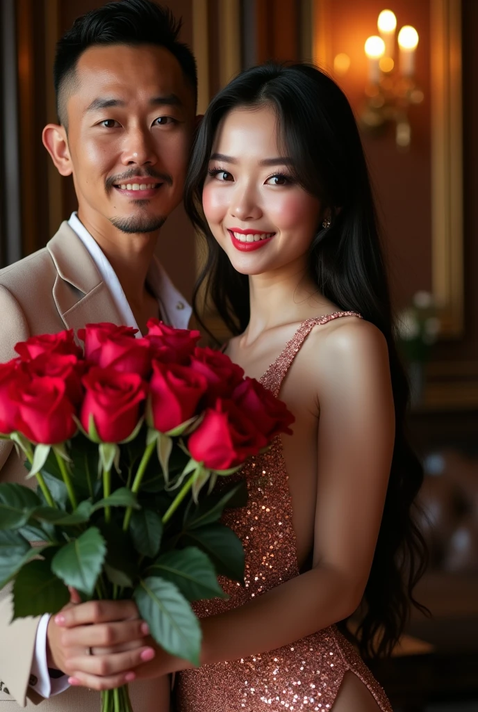 (8k, RAW photo, best quality, masterpiece:1.3),(realistic, photo-realistic:1.37),realistic skin texture,(photorealistic:1.3),(hyperrealistic:1.2.3.4), Super sexy petite Japanese bimbo holding a super large size Roses Bouquets, wearing a high slit deep cut sequin dress, taking a picture with her sugar daddy
