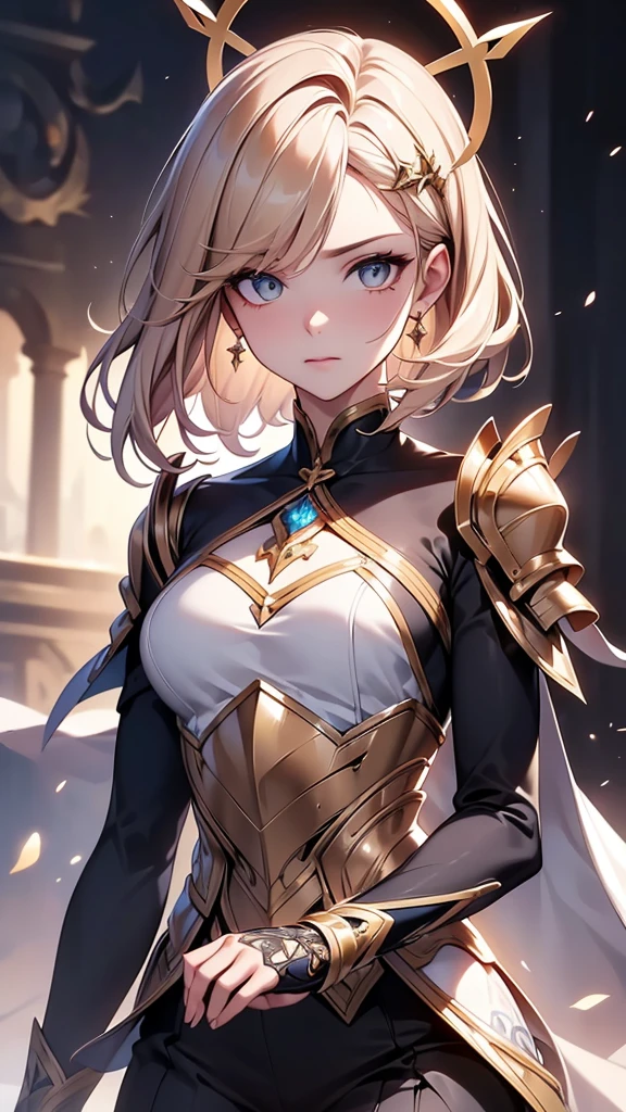 (Ridiculous, intricate details, masterpiece, best quality, High resolution, 8k), 1 Male, Thin, young, Getting older, Masked, Eyes and facial details are very delicate, Auburn low fade hair, Amber eyes, portrait, looking at the audience, alone, Half Shot, Detailed Background, (Light fantasy theme:1.1), Focus, mercenary, Sunlight, Floating fragments, Colored Plate Armor, Sacred halo, Bright and realistic lighting, Marble Castle, Tense atmosphere, a roundabout, badge, Brazier, , Depth of Field, Visual effects.