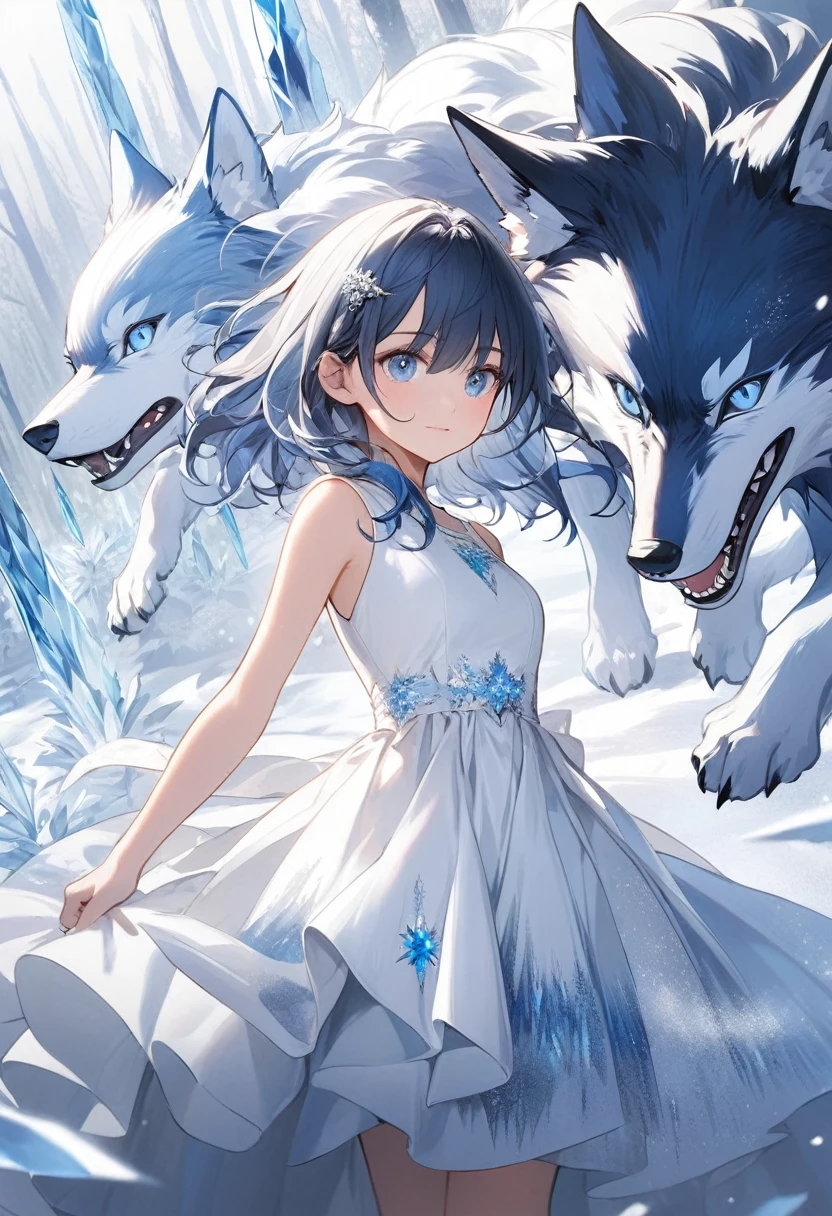 a girl,(silver a small Fenrir),white layered dress,blue eyes,blue hair,ice forest,(diamond dust)