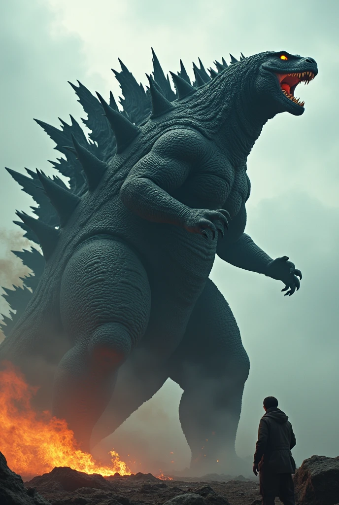Godzilla is a massive, towering creature with a reptilian appearance. Standing over 300 feet tall, its body is covered in thick, rough, and scaly skin that is dark gray to charcoal black in color. Its head is large and somewhat lizard-like, with glowing yellow or orange eyes, sharp teeth, and a row of jagged dorsal fins running down its back. These fins start from the top of its head and continue all the way to the end of its long, powerful tail. When Godzilla prepares to unleash its iconic atom