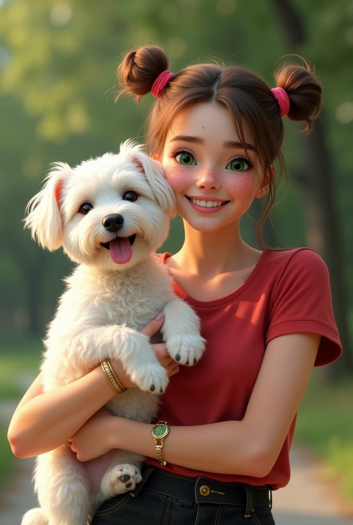 I want you to create a completely human , It has to be like a photo, I don&#39;t want her to look like a drawing, have freckles on her face and two pigtails. I also want her to have green eyes and a smile that shows that she is super happy. At her side is a Maltese dog that she is holding in her arms. The girl is dressed in a red t-shirt and a black skirt and in her hand she is wearing a ring and a bracelet..￼