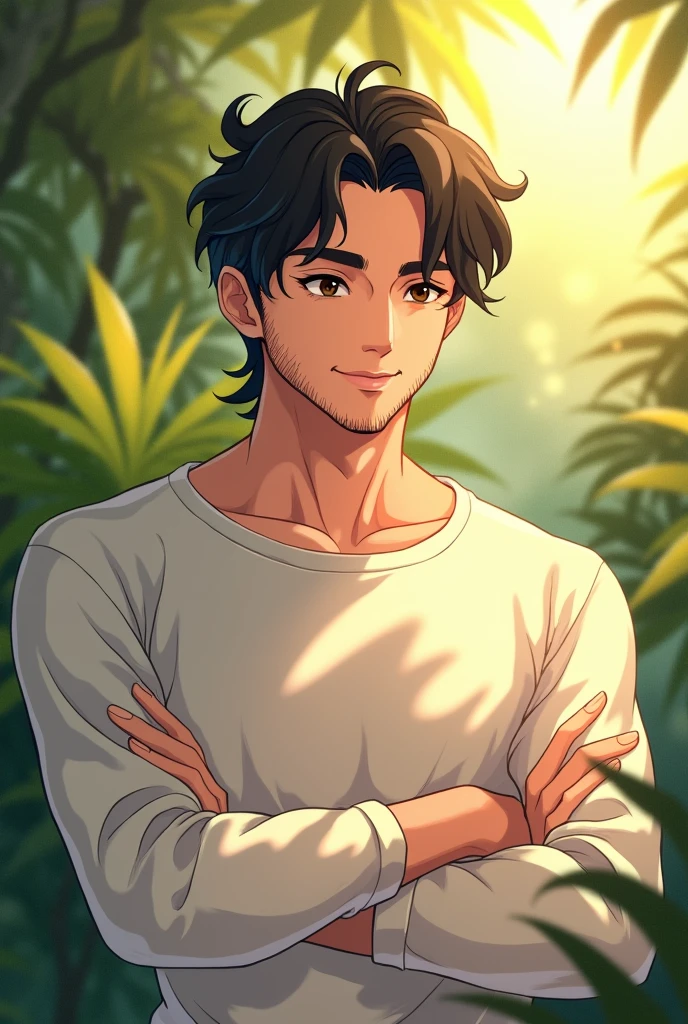 male, adult man, light skin, gentle eyes, black eyes, small eyes, ethereal, smiling, stubble beard, muscle body, black hair, wavy hair, medium length hair,white shirt with long sleeve, relaxed pose, anime, intricate details, warm colors, garden background, warm lighting