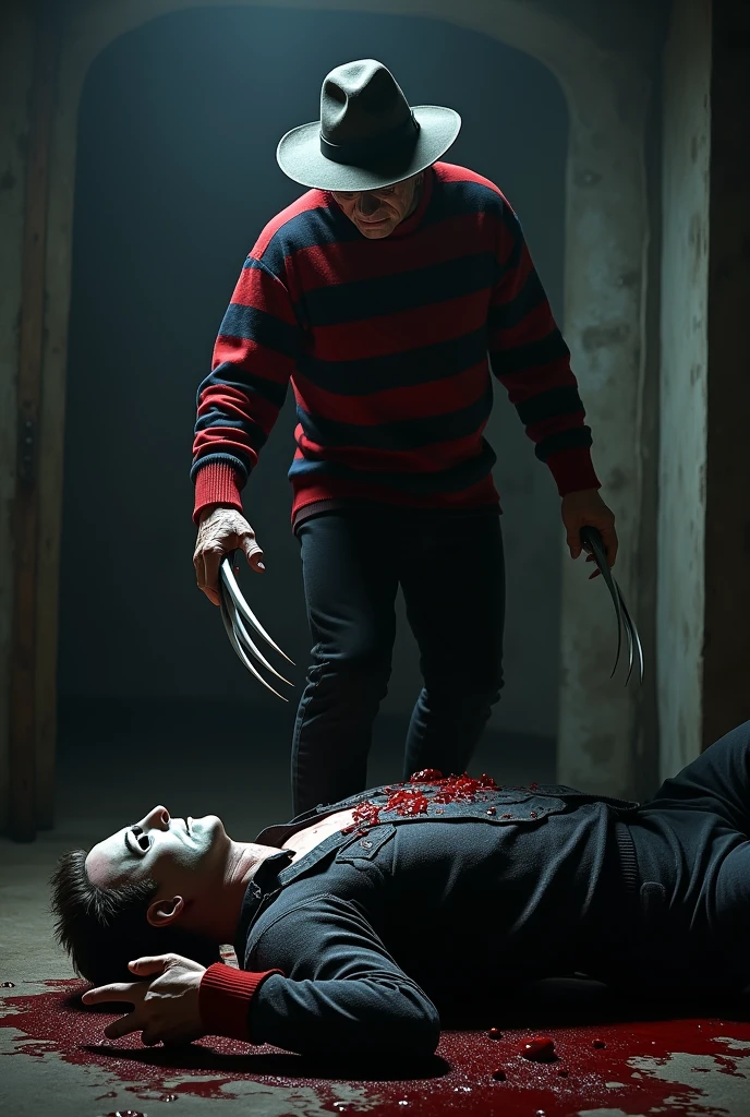 Freddy Krueger cuts chest with his claws, and Michael Myers on the floor