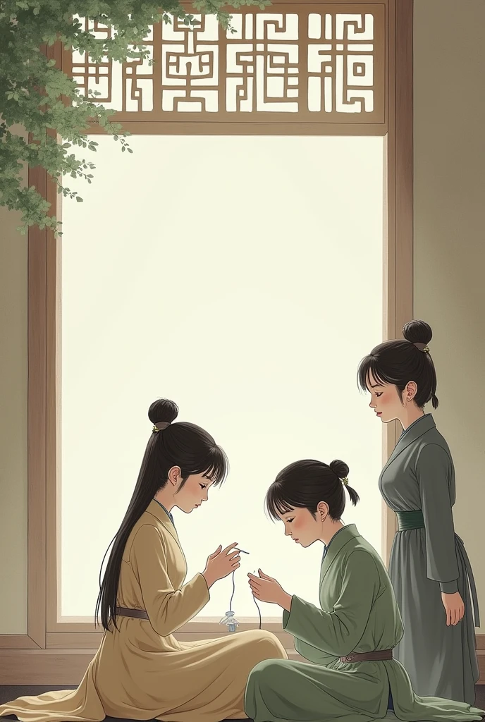 In a simple and elegant traditional chinese room, a graceful young girl sat facing the half-open window. The needle and thread in her hand did not stop at all.She was dressed in plain clothes, and her long hair was casually tied up with a jade hairpin talking to her maid who wear traditional chinese servant clothes.