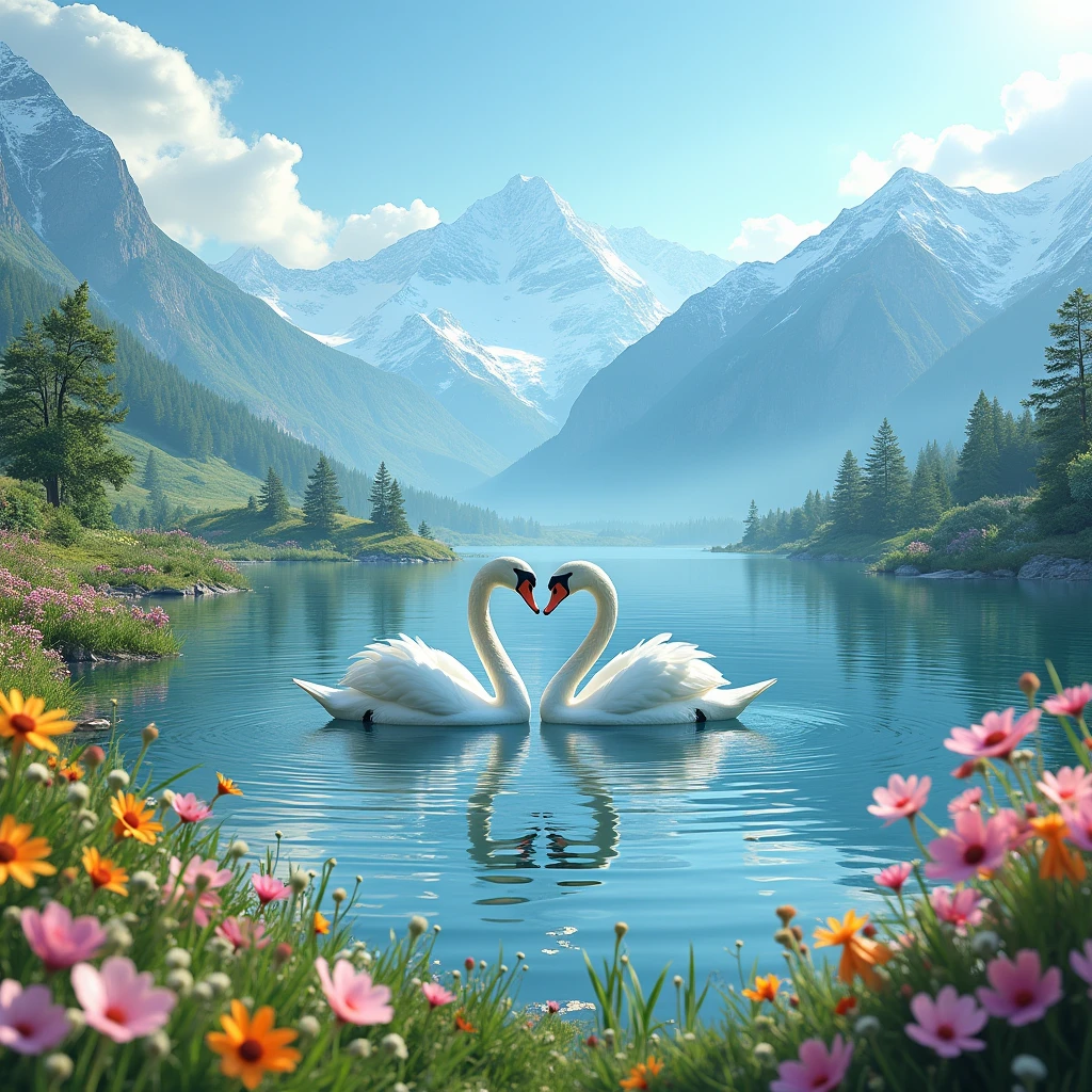 Ultra realistic image, landscape of nature, spring mode, a lake with colourfull vegetation and lot of flowers beside, couple of swan make love shapes, mountain, and blue skys, hd, 8k