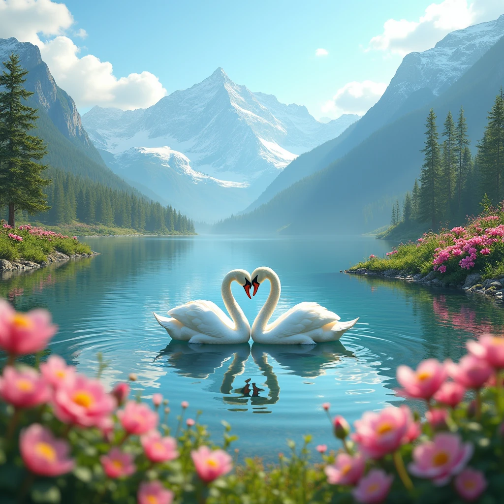 Ultra realistic image, landscape of nature, spring mode, a lake with colourfull vegetation and lot of flowers beside, couple of swan make love shapes, mountain, and blue skys, hd, 8k 