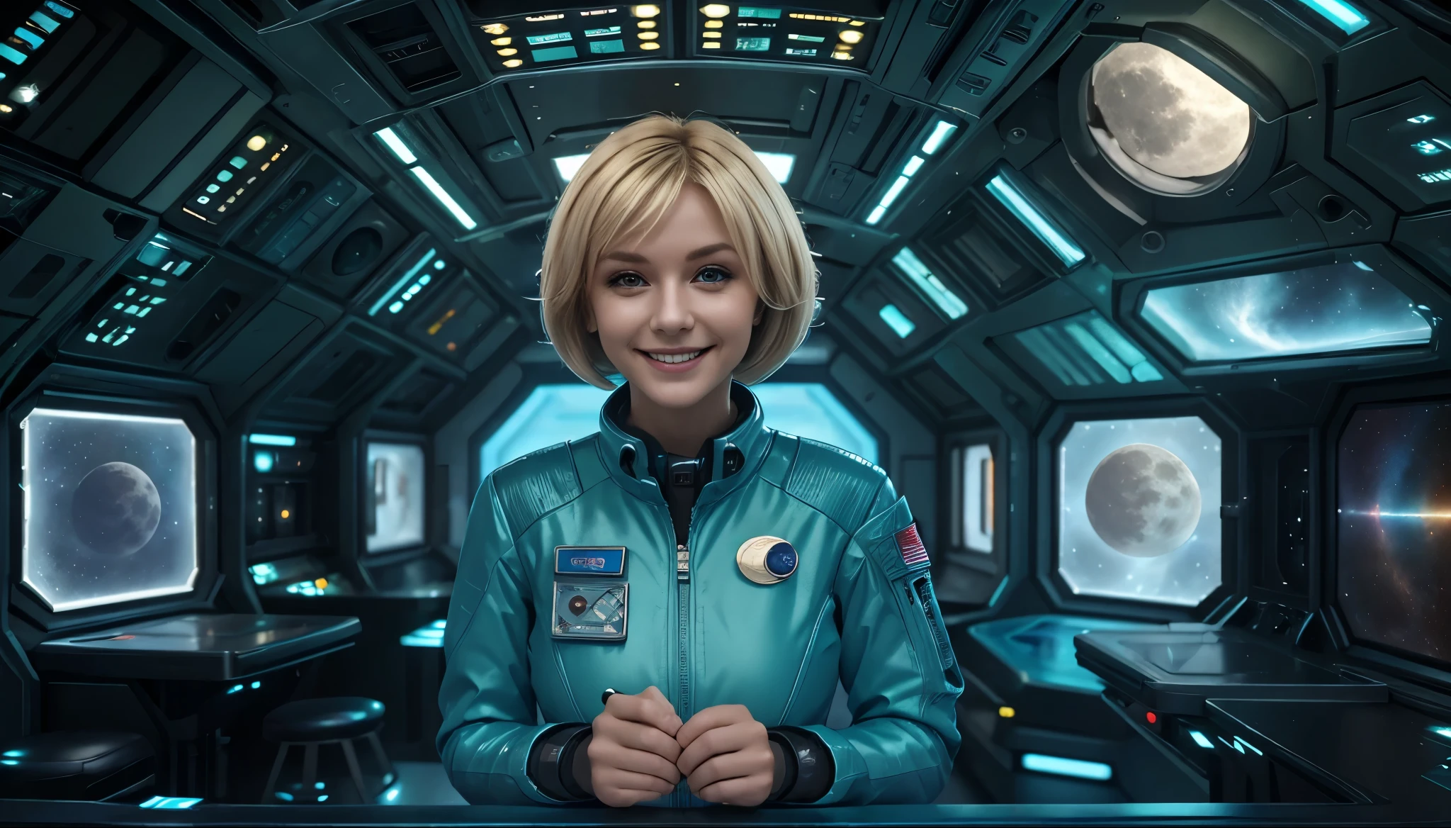 (masterpiece:1.4),(best quality,photorealistic), A beautiful Blonde woman with short Choppy Bob hair style, 4, she is wearing a full length Teal space suit, she has perfect hands and face, ((she is standing in the crew recreational area of a giant space ship)), there is a bar and some gamming machines, and exclusive, Luxury, you can see a moon out of the window, space nebulas, planets, control panel, she wears a gold badge, she has a happy smile,