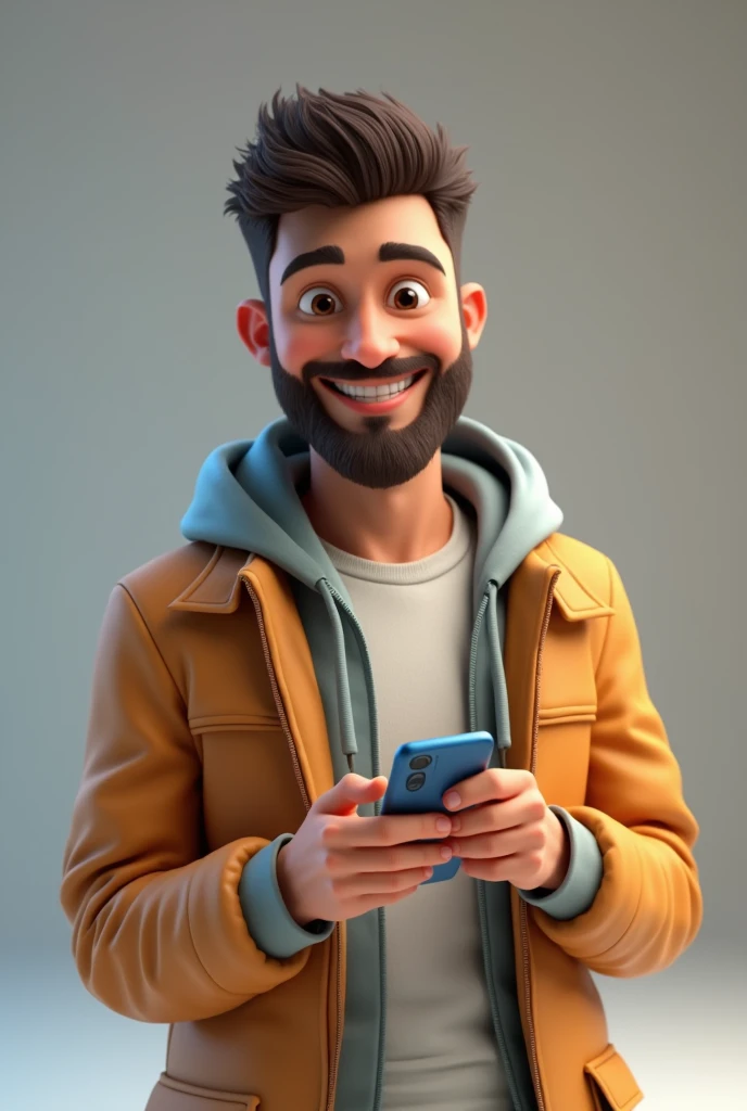 Young beard boy hand phone in ai 3d cartoon type realistic image