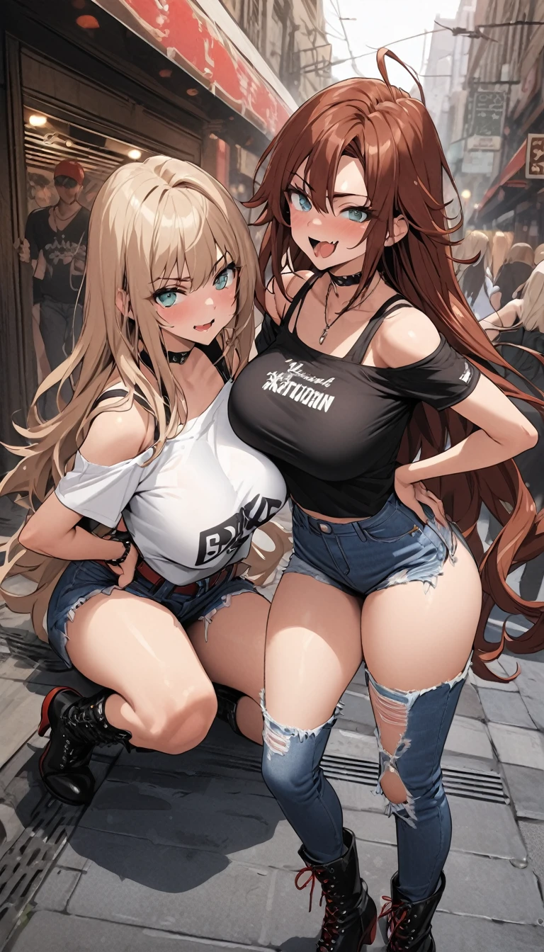 Ultra-high definition image quality、beautiful girl、Yankee girl、Reddish brown hair、Messy long hair、Gal、bustling street、Off-the-shoulder T-shirt、Distressed denim、Tight low rise denim、Highest quality, Big Ass、Thighs、Big Boobs、High cut boots、Glare、Place hands on hips、intimidating face、Hold a cigarette in your mouth、Smoke from cigarettes、Punk Fashion、Yankee sitting