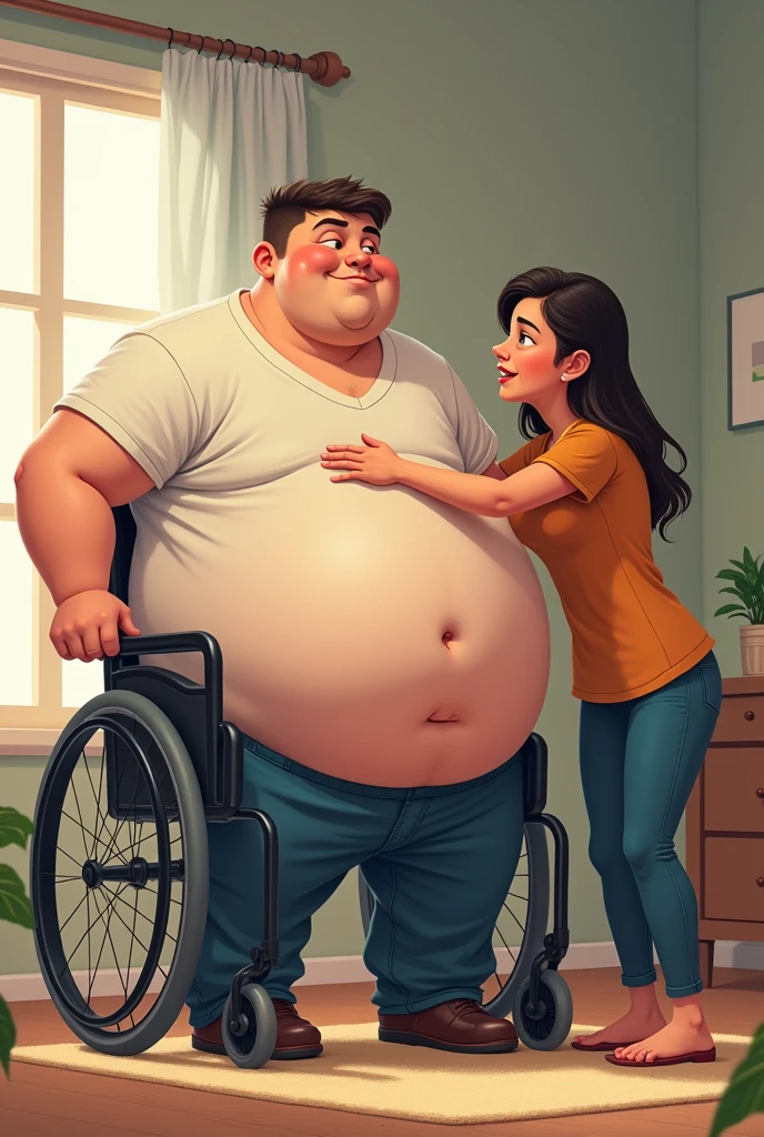 A attractive young man with an enormous big belly is trying to stand up from his wheelchair. But he can’t. A women is trying to help him, by holding his big belly.