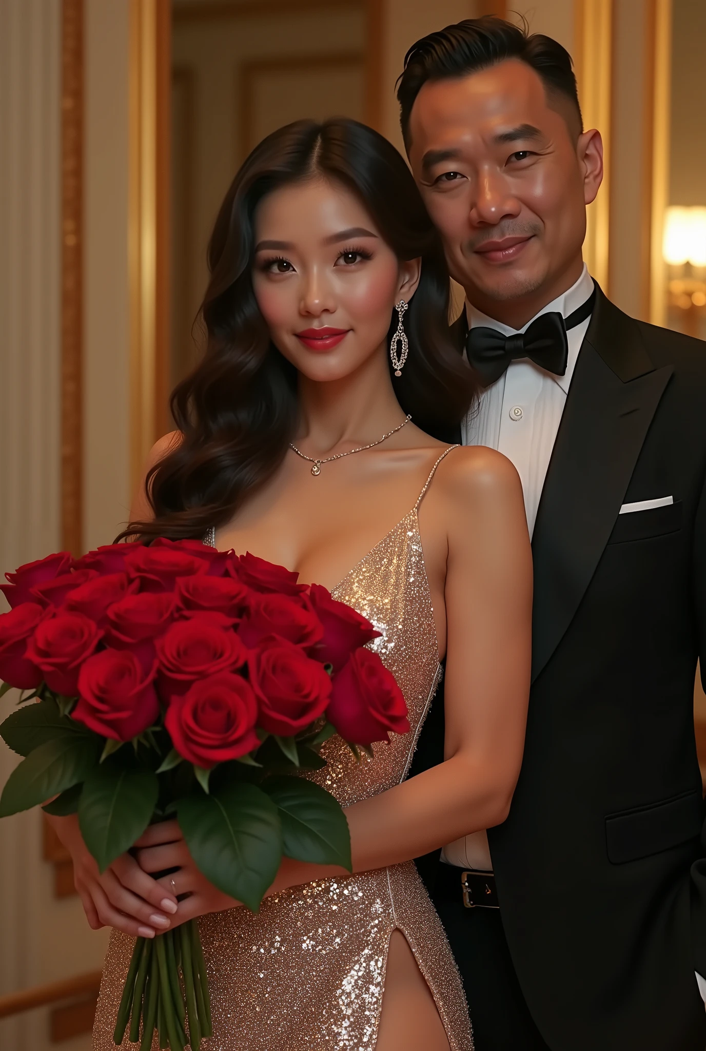 (8k, RAW photo, best quality, masterpiece:1.3),(realistic, photo-realistic:1.37),realistic skin texture,(photorealistic:1.3),(hyperrealistic:1.2.3.4), Super sexy petite Japanese bimbo holding a super large size Roses Bouquets, wearing a high slit deep cut sequin dress, taking a picture with her sugar daddy
