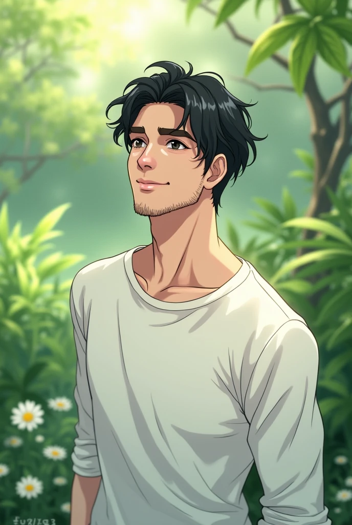 male, adult man, light skin, gentle eyes, black eyes, small eyes, ethereal, smiling, stubble beard, muscle body, black hair, wavy hair, medium length hair,white shirt with long sleeve, relaxed pose, anime, intricate details, light colors, garden background, light lighting