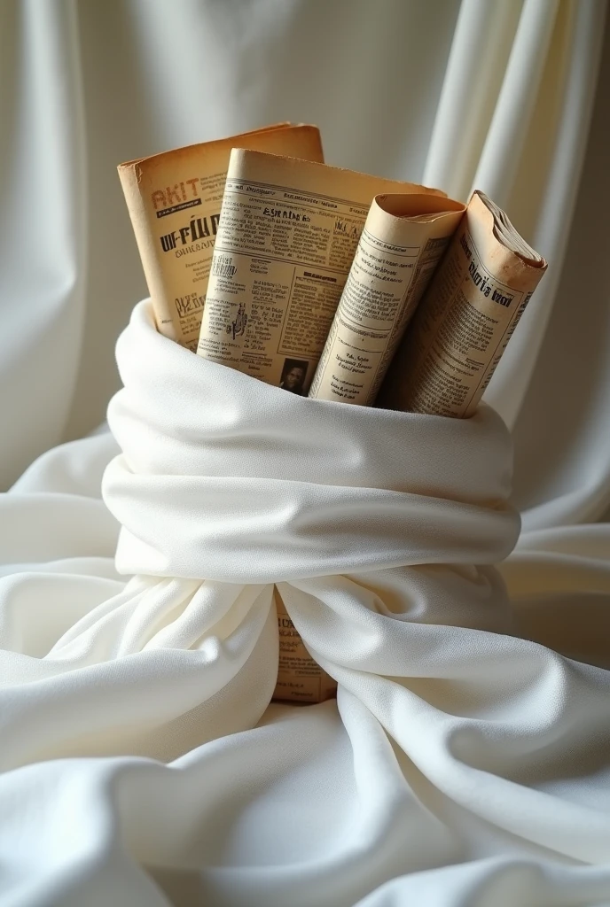 Old Filipino newspapers and clippings in white cloth