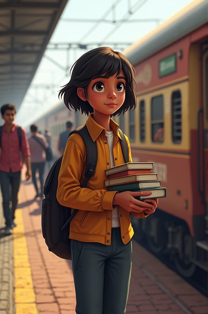 Poja, carrying study materials, boarding a train or bus to Kota for JEE Advanced preparation.