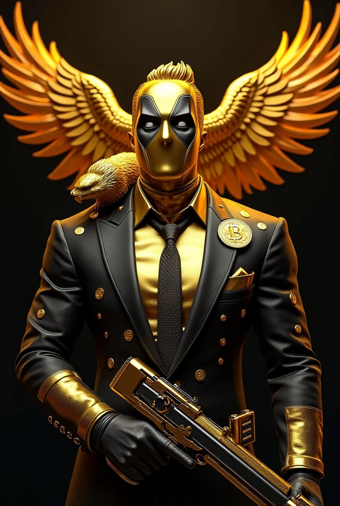 A high-fashion portrait of Deadpool, rendered entirely in gleaming gold. He's sporting a stylish haircut, wearing a sharp, tailored black suit, with dollar bills subtly scattered across the fabric. In his hand, he holds a sleek, futuristic firearm, with a Bitcoin symbol prominently displayed on its side.  A majestic golden phoenix, its wings ablaze with fire, perches confidently on his shoulder. The background is a deep, velvety black, creating a dramatic contrast. The lighting is dramatic, highlighting the intricate details of his costume, the fire of the phoenix, and the richness of the gold. The overall vibe is luxurious, powerful, and slightly menacing."