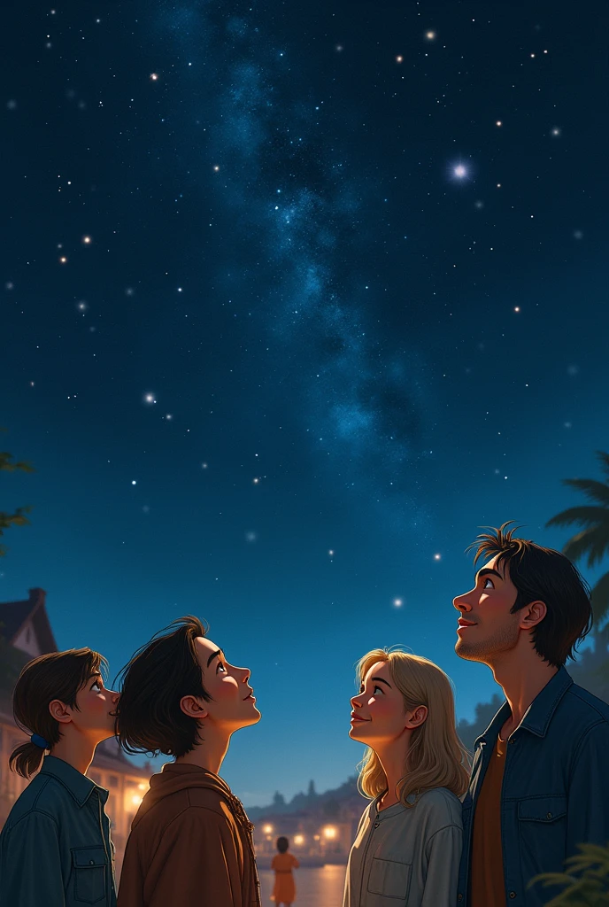 The townspeople are outside, looking at the sky full of stars. Their faces are full of admiration and happiness while looking at the beautiful stars in the sky.