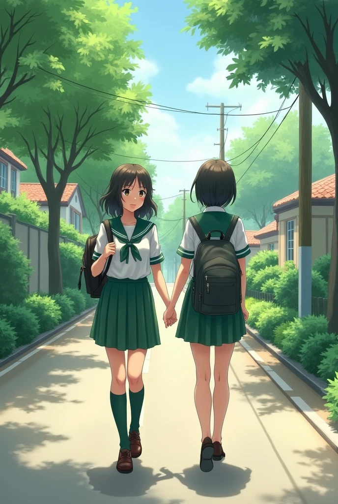 A 2 girl, wearing a green and white school uniform, peacefully walking to the road.