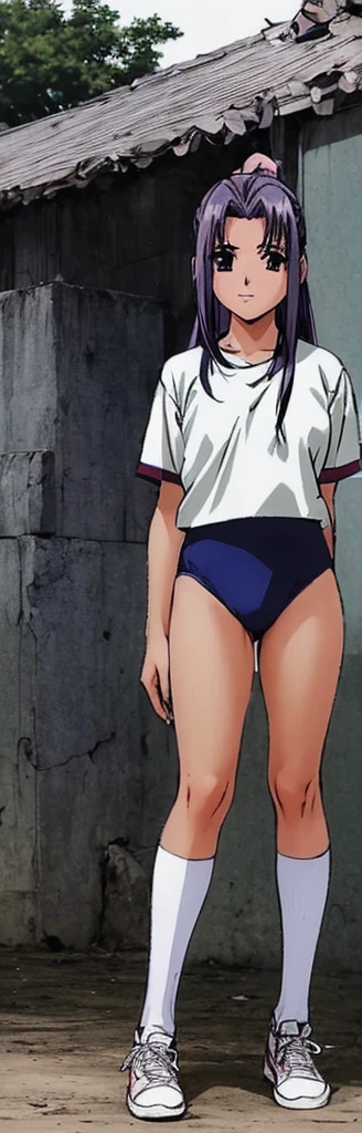 Yuuki Mizuho, One person, alone, Long Hair, hair band, Brown Hair, (gym uniform,(blue brown:1.2), (white shirt, short sleeves:1.1), thighs:1.3),(navel:1.3),(cameltoe:1.3),large breasts,(puffy nipples:1.2), It's not a leotard., Open your mouth, blush, Lips parted, liar, locker room, To the audience, ground level shot, retro artstyle,White knee socks, sneakers, 1990s (style), expensive quality, very_expensive_solve, big_file size, Full Color, nsfw, blue brown aside,(Accurate fingertips, Browse 4, Thumb 1),