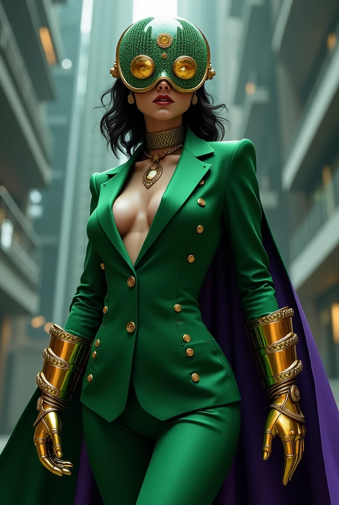 A female version of the villain "mysterio" from marvel, but with a formal suit with his iconic fishbowl head, green colors in the suit, golden gloves and a mini purple cape and a plunging neckline