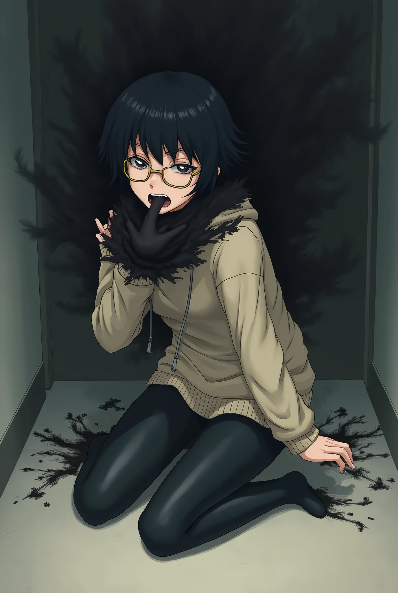 anime girl black blob short hair wearing gold glasses and cream sweater color and black legging getting possession in the mouth and undersweater struggling on floor and getting takeovercontrol by spirit