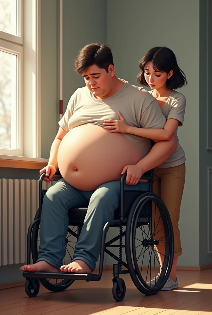 A attractive young man with an enormous big belly is trying to stand up from his wheelchair. But he can’t. A women is trying to help him, by holding his big belly.They both look sad.