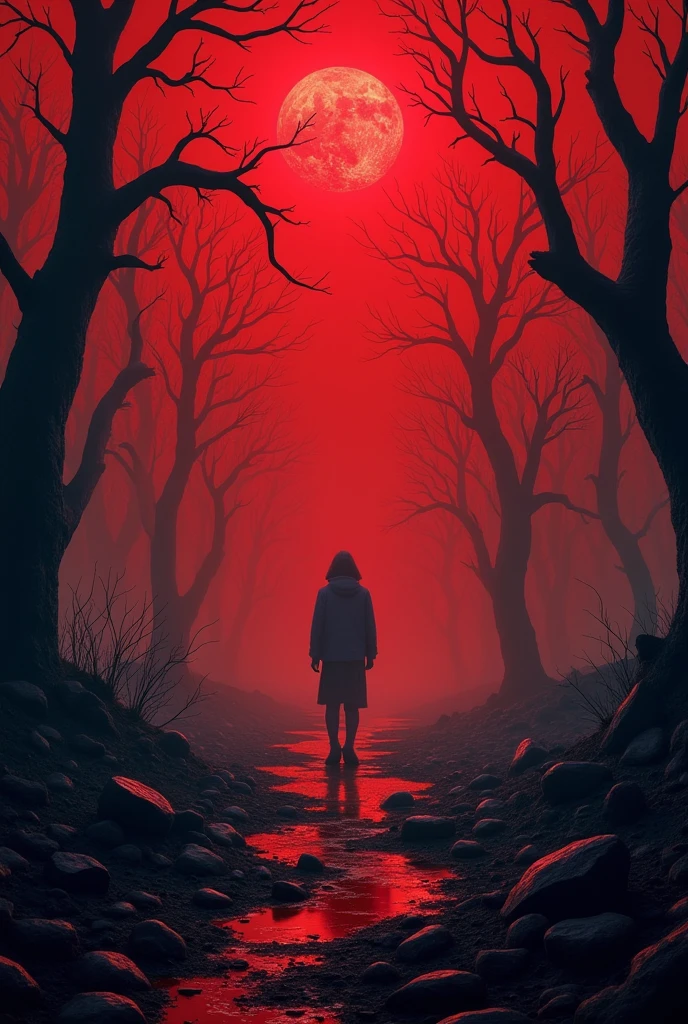 Create a poster with 9:16 ratio on the theme "apocalypse". Write in middle of the poster " Mindspark 2024". Give it stranger Things series vibe, reddish with creepy trees, broken buildings debris etc.