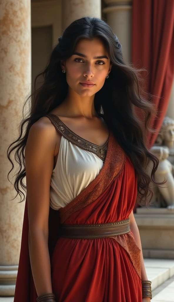 A young Roman woman with flowing dark hair, dressed in a traditional Roman tunic, in an ancient Roman setting. She exudes an air of strength and resolve, embodying the spirit of stoicism. The surroundings include Roman columns, marble statues, and rich drapery, conveying the grandeur of ancient Roman architecture. Her expression is one of calm determination, highlighting her inner strength and philosophical nature.