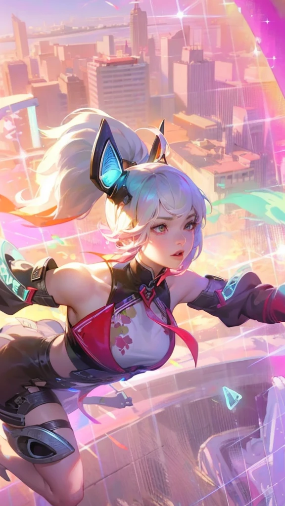 high quality, masterpiece, extremely detailed, high res, 4k, ultra high res, detailed shadow, ultra realistic, realistic, dramatic lighting, 1girl, solo, detailed face, realistic eyes, realistic skin, pink hair, dynamic pose, dynamic angle, white flowery dress, short hair cut, white background