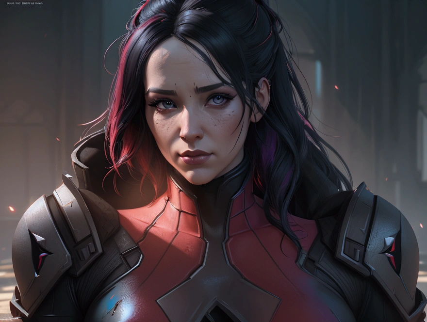 Lady Deadpool, unreal engine 5, digital art, 8k resolution concept art, Natural Lighting, Beautiful Composition, cinematic, concept art, breathtaking, splash art, high contrast, colorful polychromatic, ultra detailed, ultra quality, CGSociety head and shoulders portrait, 8k resolution concept art portrait by Greg Rutkowski, dynamic lighting hyperdetailed intricately detailed Splash art trending on Artstation triadic colors Unreal Engine 5 volumetric lighting""