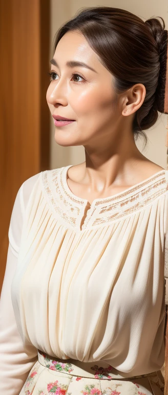 (Bun low ponytail hairstyle:1.22)(Very light brown hair)(Mature Japanese Beauty)(4)(The neighbor's wife is outside the front door of her house.)(The woman next door opens the front door and welcomes me in.)(Look at me with a seductive smile) (I am fascinated by her charm)
(8K highest quality)、(High resolution)、(Ultra-detailed photos)、(Ultra-realistic texture)、(Illuminated subject)(8k images)(Clear Photography)(Real Photo)
(40 year old beautiful mature married woman)(Elegant and well-proportioned face)(Long face)(Long and narrow face)(Thick lips)(thin small nose)(Long jaw)
(tall)(slender)(Big Breasts)
(Modest, covering clothing)(White blouse)(Her nipples are faintly visible through her blouse)(A neat, chic and elegant floral skirt)