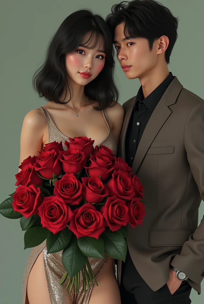 (8k, RAW photo, best quality, masterpiece:1.3),(realistic, photo-realistic:1.37),realistic skin texture,(photorealistic:1.3),(hyperrealistic:1.2.3.4), Super sexy petite Japanese bimbo holding a super large size Roses Bouquets, wearing a high slit deep cut sequin dress, taking a picture with her sugar daddy who dressed in casual blazer jacket and matching pants.