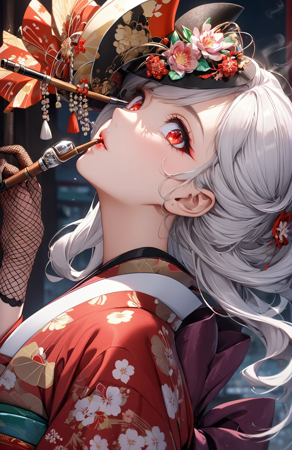 Ultra high resolution, rich colors, perfect image, top quality, detailed image, beautiful woman, glowing skin, skin and clothing texture, delicate eyes, Showa era town, Japanese clothes, kimono, furisode, haori, cocktail hat, fishnet gloves, smoking pipe, sideways, long silver hair, red eyes