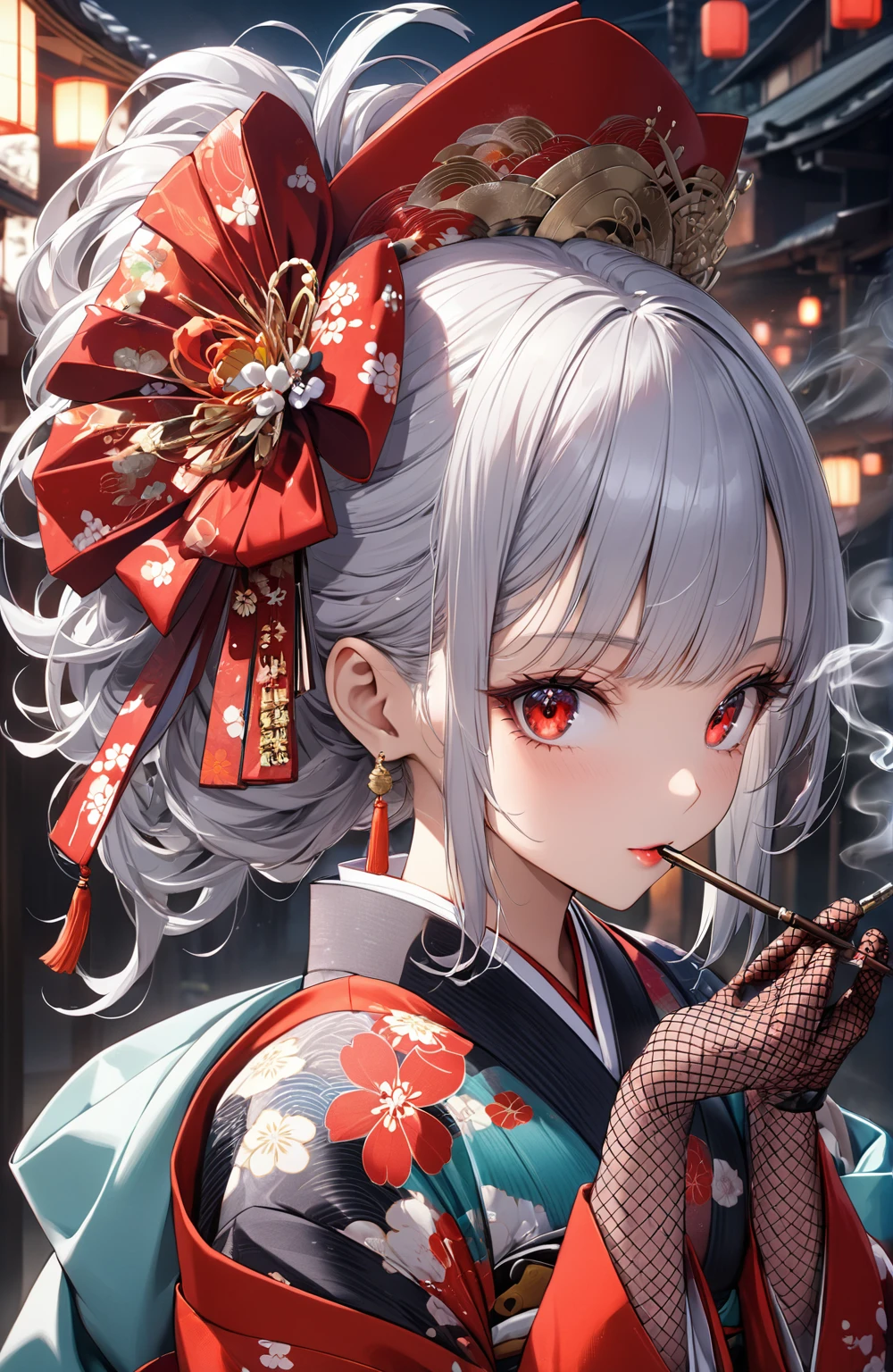 Ultra high resolution, rich colors, perfect image, top quality, detailed image, beautiful woman, glowing skin, skin and clothing texture, delicate eyes, Showa era town, Japanese clothes, kimono, furisode, haori, cocktail hat, fishnet gloves, smoking pipe, sideways, long silver hair, red eyes