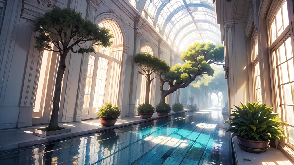 Large fantasy abandoned shopping mall, Flooded Floor, Glass Ceiling, Observation deck with parapet upstairs, tree, vine, orchid, Bromeliads, palm tree, decoration, Golden, many plants, Tropical plants, marble wall, Dynamic light, 8k, masterpiece, Super detailed, fair.