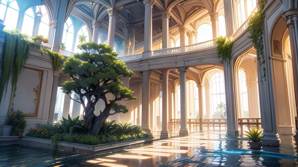 Large fantasy abandoned shopping mall, Flooded Floor, Glass Ceiling, Observation deck with parapet upstairs, tree, vine, orchid, Bromeliads, palm tree, decoration, Golden, many plants, Tropical plants, marble wall, Dynamic light, 8k, masterpiece, Super detailed, fair.