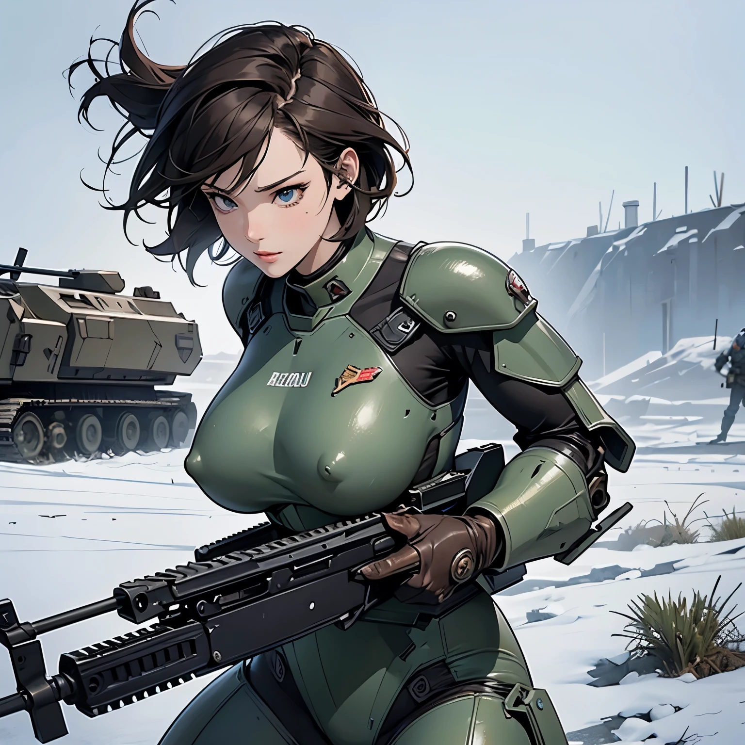 nsfw, anime screencap, 16K, perfect anatomy proportion body, perfect hands, action, A dynamic composition with a sense of speed and movement, (Hold an assault rifle:1.6), a wife, 40age, perfect beautiful delicate sexy face, perfect beautiful delicate eyes, brown hair, short bob hair, gigantic tits, abs, Camouflage-colored heavy armored steam engine full armor powered suit, Many heavily armored robot soldiers are engaged in a firefight in the background., Flying bullets, Snowy Battlefield, war, Post-apocalyptic,