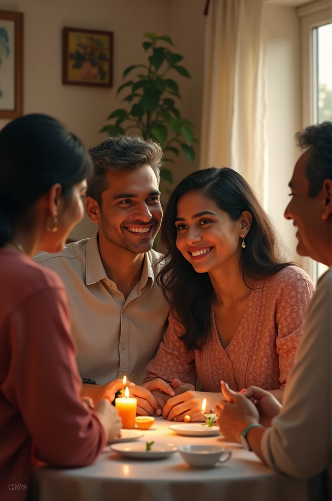 Aarti and Rajesh, now with a more supportive atmosphere, having a conversation with Rajesh’s family, who look more accommodating and respectful.
