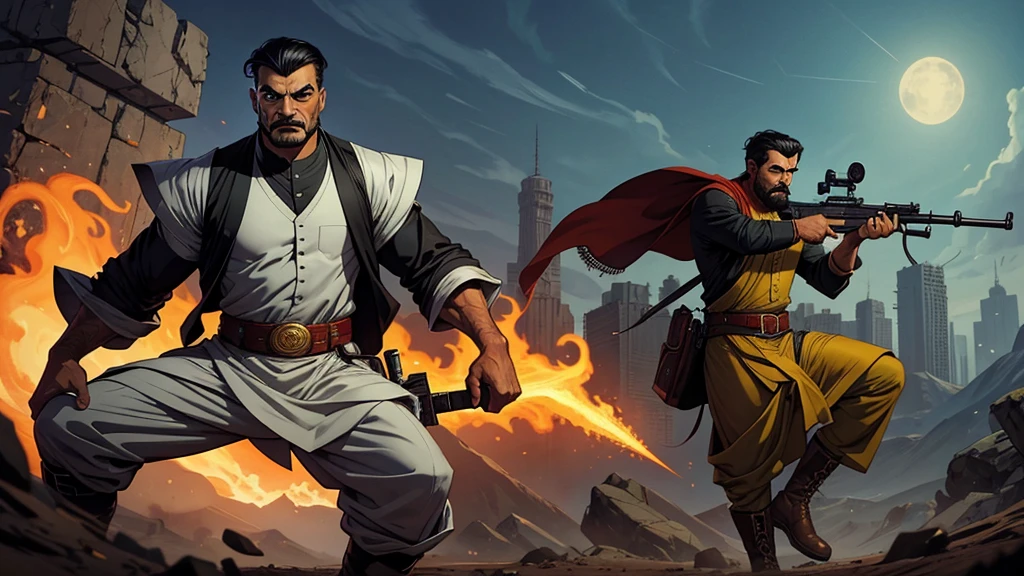 Create a digital painted comic-style illustration featuring Qadeer Khan, a formidable Pakistani villain. He has grey eyes, short black hair, and a long face with a strong jawline, complemented by a handlebar mustache. Standing at 6 feet tall with a muscular build, Qadeer exudes pride and intensity. He is dressed in a traditional grey shalwar kameez and hunter’s boots, wielding a hunter’s rifle in a dynamic, confident pose. The illustration should include multiple full-body poses in a pulp style, showcasing his powerful presence and villainous nature.