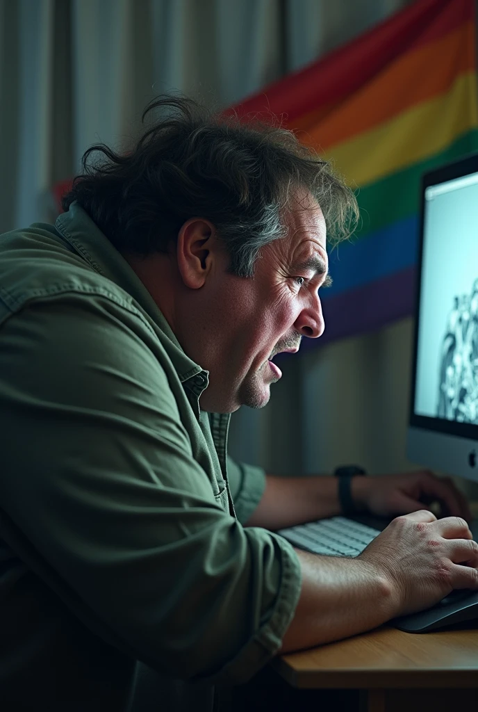 Fat ugly white guy crying infrlm of monitor having rainbow flag in background 