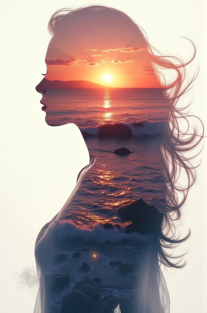 high quality, 8K Ultra HD, A beautiful double exposure that combines an goddess silhouette with sunset coast, sunset coast should serve as the underlying backdrop, with its details incorporated into the goddess , crisp lines, The background is monochrome, sharp focus, double exposure, by yukisakura, awesome full color,