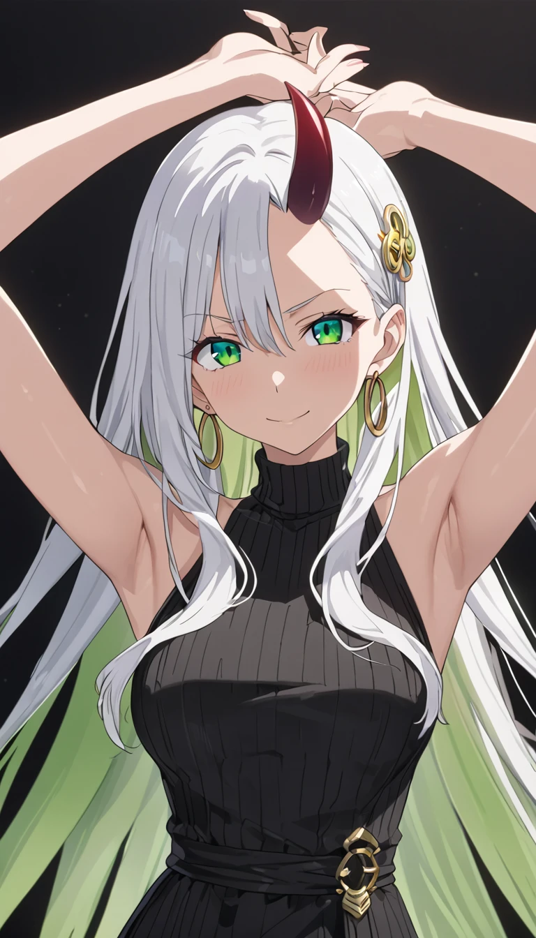 Boa hancock,hair ornament, oni, earrings, hoop earrings, hair stick,black hair, (white hair with green balayage:1.3), blue shiny eyes , curled horns, horns, green hair, long hair, jewelry, red horns,dress , ribbed sweater, ribbed, turtleneck, (black dress:1.5), sleeveless dress, sleeveless, bare shoulders, bare arms, 1girl, solo, anime screencap, frontlighting, (simple background, black background, dark background:1.3), masterpiece, absurdres, hdr, soft light, best quality, detailed, highres, shiny skin, shiny hair, (looking at viewer, eye contact with viewer:1.5), smile, smug, (closed mouth:1.2), arms up, raised arms, armpits, in the center, symmetrical, upright,1girl, 