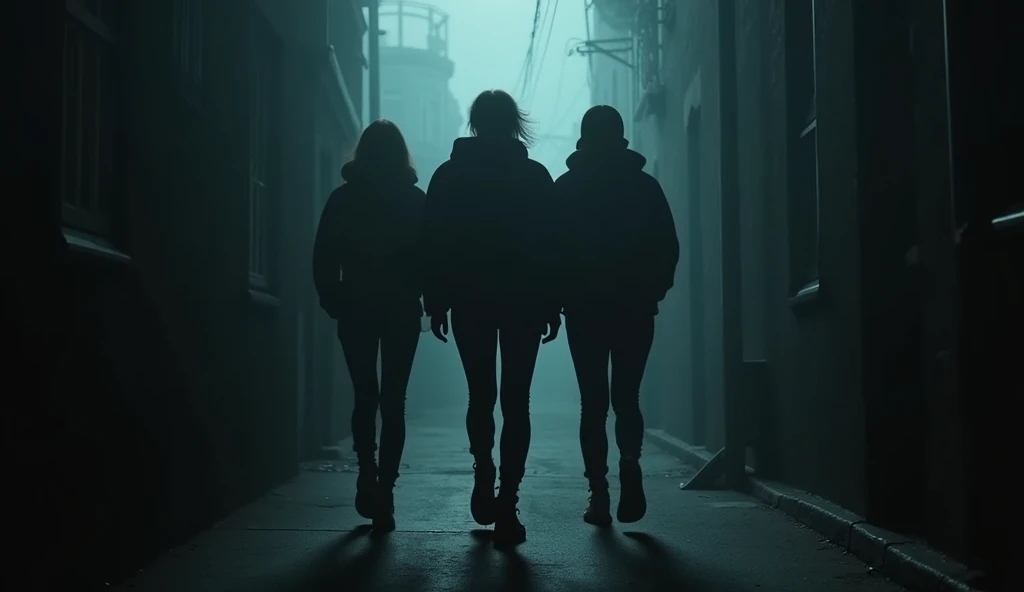 The three friends walking cautiously down a narrow, dark alley. The atmosphere is chilling, with misty air and shadows growing darker as they go deeper.